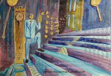 G. 
Forever is Composed of Nows.
Acrylic on paper.

The title of an Emily Dickinson poem about forever and now inspired this painting about time, represented by clocks, a clock headed man, on a stairs, beside a grandfather clock, moving towards a door.