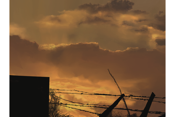 A sunset sky with a silhouette of a building and barbed wire. 
Detailed description follows:

A sky in dusky oranges and browns. Puffy, orange rimmed clouds touched by the last of the sun. The building silhouette and barbed wire are stark against it, giving it a vibe like the very sky is off limits.