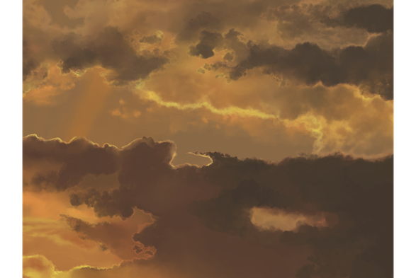A sunset sky in orange and browns. 

Detailed description follows: The sun is setting out of frame, to the lower left, lighting up the edges of quite dark clouds. The edges of these clouds are very bright against this darkness, and shafts of orange pierce through them.