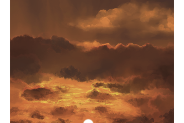 A dramatic sunset in dark oranges rimmed with bright yellow. 

Detailed description follows: 
The sun is visible in this one as a bright white crescent on the bottom of the painting. From there, it's like the sky is afire, bright yellows and oranges. It's crossed on both sides by smaller,brightly rimmed darker orange clouds. One dark cloud crosses the middle, rimmed in darker hues of orange. The light radiates from behind it in rather distinct rays, lighting up one final, far away cloud against a darker sky