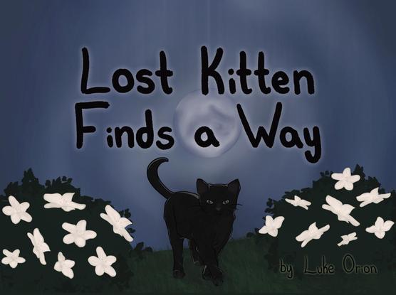 An illustration featuring a black kitten walking through grass, surrounded by white flowers. The background includes a full moon and the text "Lost Kitten Finds a Way" above the kitten, with the author's name "Luke Orion" at the bottom.