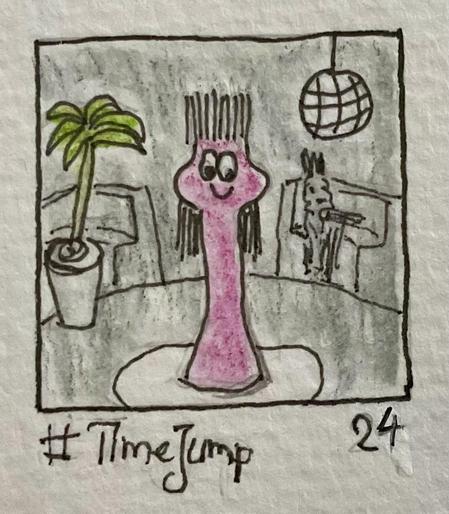 A cartoonish pink character with a smiling face and spiky hair stands in a room with a small palm plant and a disco ball. In the background, a seated creature is partially visible. The image is labeled with "#TimeJump" and the number 24.