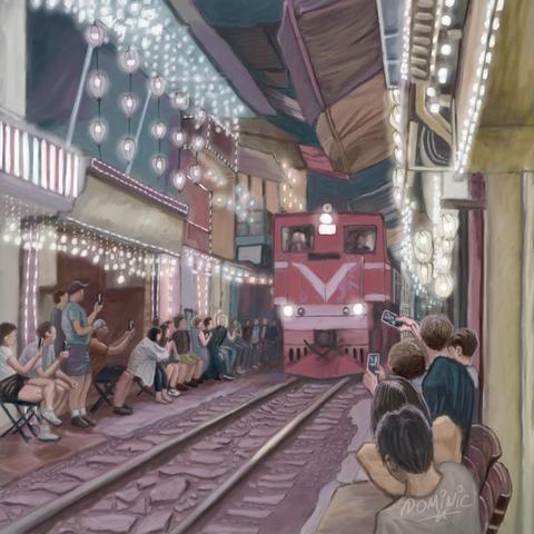 Hanoi train street - a digital pastel painting of an oncoming train going through a narrow street of Hanoi at night with tourists on either side of the tracks