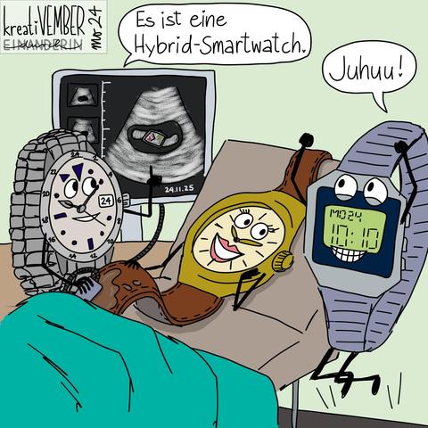 Digitale Zeichnung: in einem Behandlungszimmer bei einem Gynäkologen (eine Rolex-ähnliche Armbanduhr) liegt eine goldene Analog-Armbanduhr mit braunem Kunstlederarmband auf einer Liege, die "Füße" von einem grünlichen Tuch bedeckt, auf dem unteren Armband ein transparentes, wohl glitschiges Gel. Die Gynäkologen-Uhr fährt gerade mit einem Ultraschall-Gerät auf der eingeglitschten Stelle hin und her. Im Hintergrund ist ein Bildschirm, der ein Ultraschallbild (eine niedliche, kleine Hybrid-Smartwatch) zeigt. Der Gynäkologe sagt: "Es ist eine Hybrid-Smartwatch." Die Mutter auf der Liege kuckt ganz verzückt und der werdende Vater (eine Digital-Armbanduhr) macht vor Freude einen Luftsprung und ruft: "Juhuu!"
