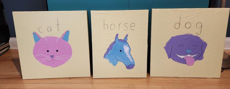 Three paintings, each with the animal and associated text: Cat,  Horse,  Dog. Painted in a simple cartoon style with pink, purple, and blue on a pale yellow background