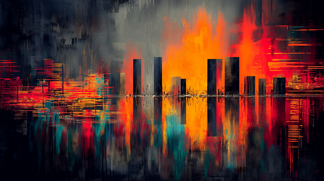 🇫🇷 Paysage urbain abstrait composé de colonnes sombres et de traînées lumineuses rouges, orange et turquoise, comme une ville prise dans une combustion électrique.
🇬🇧 Abstract urban landscape with dark vertical columns and red, orange, and turquoise light streaks, like a city caught in electrical combustion.