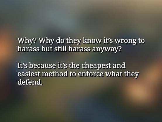 Text discussing why oppressors use low-cost harassment and victim-playing tactics to enforce conformity and silence dissent.