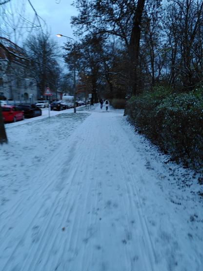 Magdeburg, Adelheitring, auf dem Radweg entlang der Glacis liegt Schnee. Reifenspuren von Fahrrädern zeichnen sich ab.