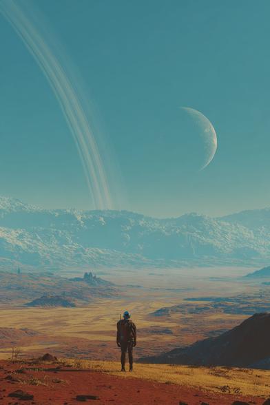 Bildbeschreibung (Deutsch)
Ein einzelner Mensch in futuristischer Ausrüstung steht auf einer rot-goldenen, wüstenartigen Ebene und blickt in eine weite, stille außerirdische Landschaft. In der Ferne erheben sich türkis schimmernde Gebirgszüge, darüber ein blauer Himmel, durchzogen von den leuchtenden Ringen eines gigantischen Planeten. Rechts am Horizont schwebt ein halb beleuchteter Mond. Die Szene wirkt wie die symbolische Frage, ob die Menschheit in der Lage ware, neue Welten zu bewahren - oder nur ihre Fehler in den Kosmos zu tragen.
Image Description (English)
A lone figure in futuristic gear stands on a red-gold desert plain, gazing across a vast, silent alien landscape. In the distance, turquoise mountain ranges glow under a blue sky, dominated by the sweeping luminous rings of an enormous planet. To the right, a half-lit moon hangs low on the horizon.
The scene evokes the question of whether humanity could protect new worlds-or merely export its old mistakes into the cosmos.🖖