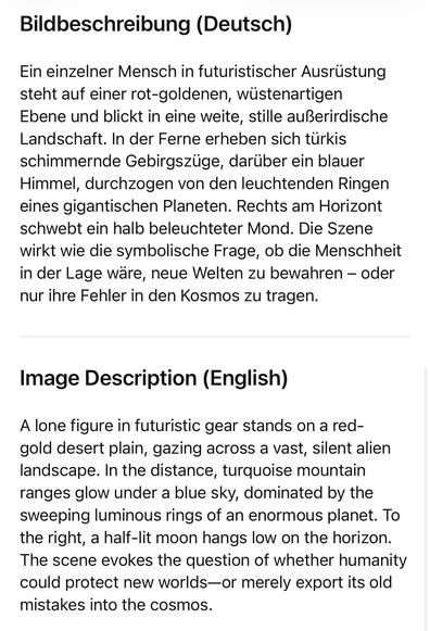 Bildbeschreibung (Deutsch)
Ein einzelner Mensch in futuristischer Ausrüstung steht auf einer rot-goldenen, wüstenartigen Ebene und blickt in eine weite, stille außerirdische Landschaft. In der Ferne erheben sich türkis schimmernde Gebirgszüge, darüber ein blauer Himmel, durchzogen von den leuchtenden Ringen eines gigantischen Planeten. Rechts am Horizont schwebt ein halb beleuchteter Mond. Die Szene wirkt wie die symbolische Frage, ob die Menschheit in der Lage ware, neue Welten zu bewahren - oder nur ihre Fehler in den Kosmos zu tragen.
Image Description (English)
A lone figure in futuristic gear stands on a red-gold desert plain, gazing across a vast, silent alien landscape. In the distance, turquoise mountain ranges glow under a blue sky, dominated by the sweeping luminous rings of an enormous planet. To the right, a half-lit moon hangs low on the horizon.
The scene evokes the question of whether humanity could protect new worlds-or merely export its old mistakes into the cosmos.🖖