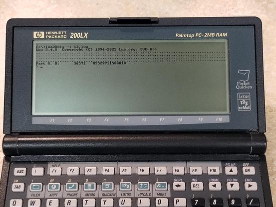 HP 200LX palmtop computer
Lua session showing a row of "."s (progress meter) then the correct answer to the problem.