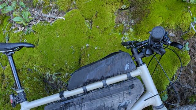 Close up of a bike with bags against a mossy hillside