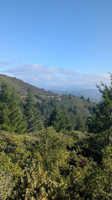 A mountain slope, a road cut in the slope, and distant fog under a blue sky