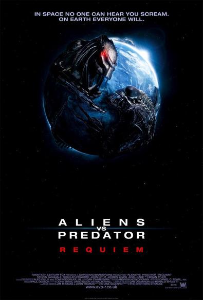 A poster for Alien vs Predator: Requiem, featuring and Xenomorph alien and Predator in a struggle against an image of the Earth.