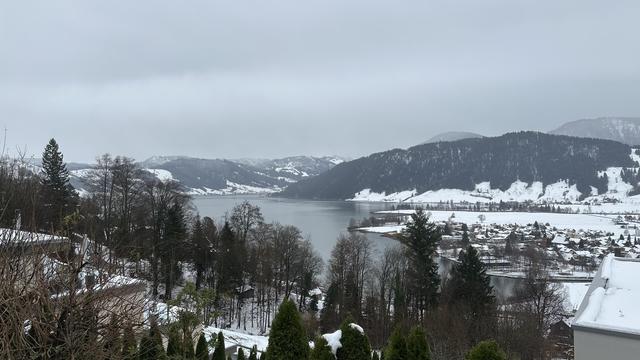 View of lake Ägeri on a gray day. There’s still snow around the lake but it’s melting in the rain. Sky completely overcast.