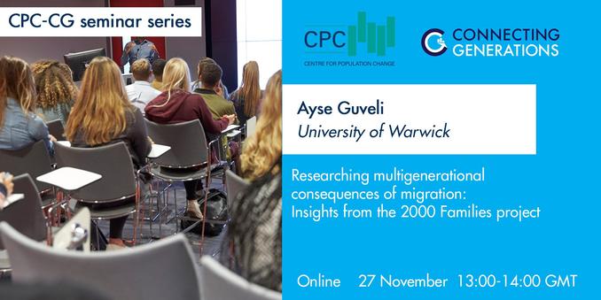 A seminar room filled with people facing a speaker at the front, placed beside a bright blue panel announcing a CPC-CG online seminar with Ayse Guveli from the University of Warwick on researching multigenerational consequences of migration, with insights from the 2000 Families project, scheduled for 27 November from 13:00 to 14:00 GMT.