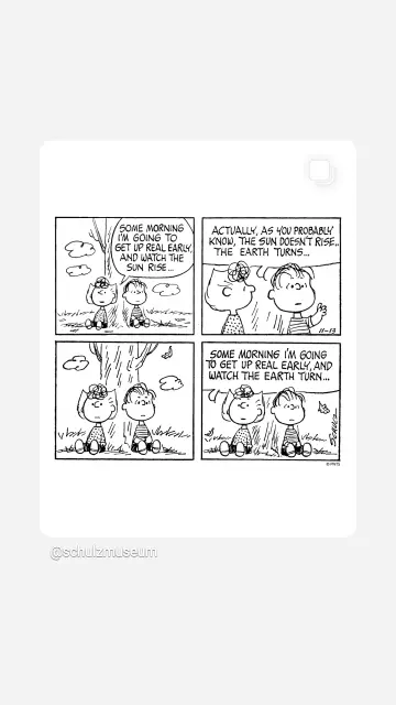 Peanuts Comic.
Sally und Linus sitzen unter einem Baum.
1 Sally: some morning I'm going to get up real early and watch the sun rise..
2 Linus antwortet: actually, as you probably know, the sun doesn't rise. The earth turns...
3 Beide schauen still in die Gegend.
4 Sally: some morning I'm going to get up real early and watch the earth turn...