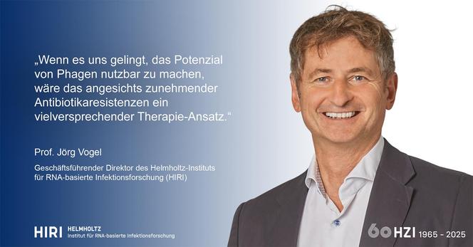 Portrait von Jörg Vogel mit Zitat: Wenn es uns gelingt, das Potenzial von Phagen nutzbar zu machen, wäre das angesichts zunehmender Antibiotikaresistenzen ein vielversprechender Therapie-Ansatz.“