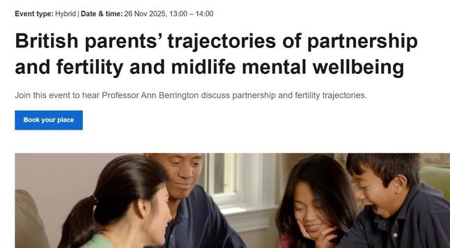 Event listing showing the title British parents’ trajectories of partnership and fertility and midlife mental wellbeing, labelled as a hybrid event on 26 Nov 2025 from 13:00 to 14:00, with a button to book a place above a photo of four people sitting together and smiling while focused on something in front of them.