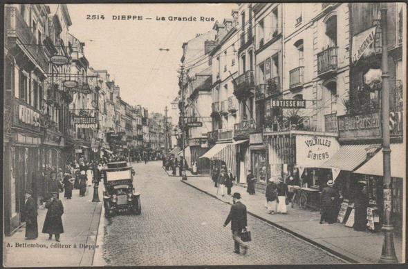 Printed monochrome postcard showing an animated view of La Grande Rue at Dieppe in Normandy, France.
Published by A. Bettembos, Dieppe, printed by EDIA, Versailles, No 2514, c.1920.
Postally unused, but with message.
Very good condition, with very slight corner bumps.