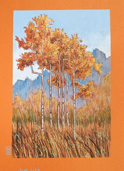 A small colour drawing of an autumnal landscape with orange and yellow trees in long grasses, there are mountains and blue skies in the distance. The drawing is on orange pastel paper.
An original art work, please note that the frame is not included.
Colour pencil and mixed media on acid free toned artist paper
5 by 7 inches (12.7 by 17.8 cm).