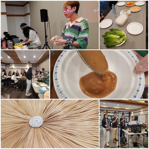 A collage of images from a Vietnamese cooking workshop; scenes include participants preparing sslad rolls with ingredients like rice noodles, lettuce, and shrimp, a presenter demonstrating how to hoisin peanut cook sauce, close-up of a handmade fan, and a presenter giving a talk.