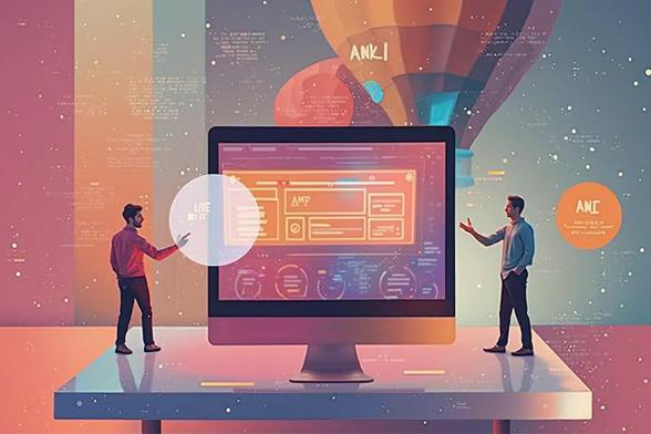 Computer auf einem Tisch. Rechts und links auf dem Tisch steht eine verkleinerte Person, die auf den Bildschirm zeigt. Das Bild ist sehr farbenfroh gehalten. Im Hintergrund sieht man Heißluftballons. Überall sind Formeln als dekoratives Element hinterlegt.