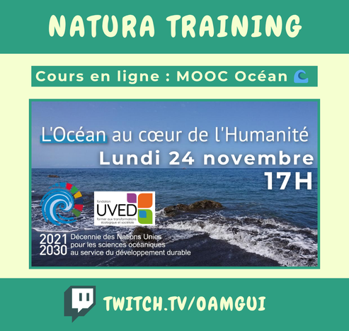 Visuel pour annoncer un live sur la chaîne Twitch de OamGui.  Haut de l’image : Bandeau vert avec texte en lettres majuscules claires : « Natura Training ». En dessous, encadré vert avec texte clair : « Cours en ligne : MOOC Océan 🌊 ».  Centre de l’image : Photo d’un bord de mer avec vagues et rochers. Par-dessus, texte blanc en capitales : « L’Océan au cœur de l’Humanité - Lundi 24 novembre - 17H ». Logos présents en bas à gauche : logo coloré de la décennie des Nations Unies pour les sciences océaniques, et logo UVED (carrés colorés). Texte en blanc : « 2021-2030 Décennie des Nations Unies pour les sciences océaniques au service du développement durable ».  Bas de l’image : Bandeau vert foncé avec le logo Twitch à gauche et l’adresse de la chaîne en lettres majuscules : « TWITCH.TV/OAMGUI ».