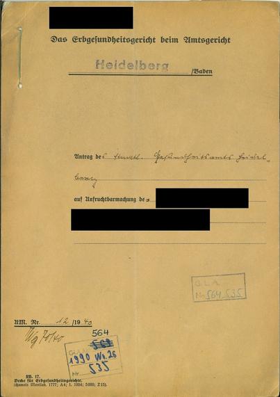 Aktendeckel aus der Überlieferung der Erbgesundheitsgerichte für Nordbaden im Generallandesarchiv Karlsruhe