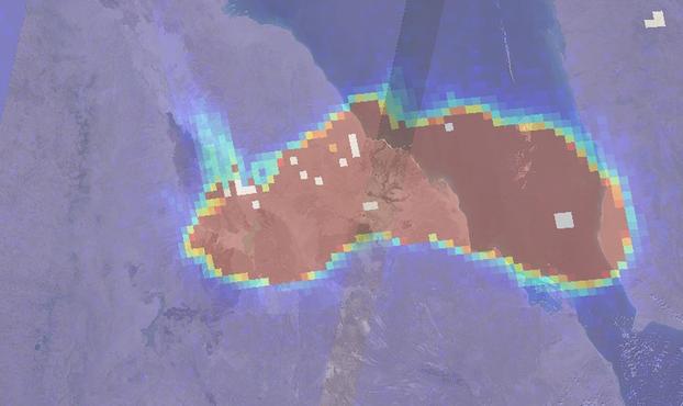 Image Sentinel-5 montrant le panache de dioxyde de soufre du Hayli Gubbi après son éruption du 23 novembre 2025. ESA / Copernicus.
