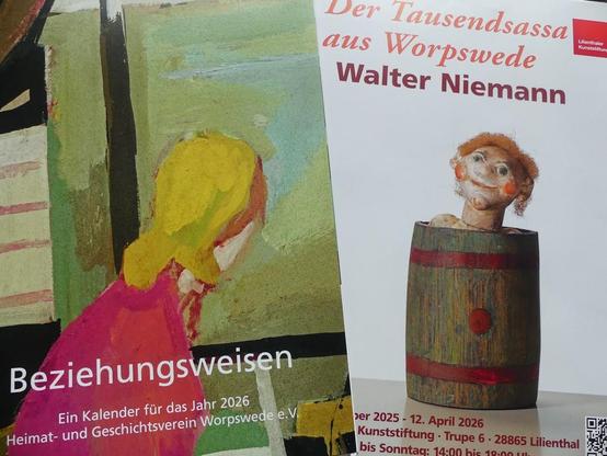 Zwei Buchcover mit farbigen Illustrationen. Links ein Porträt in Gelb und Rot, rechts ein Gemälde mit einer Figur. Erkennbare Texte: "Beziehungen", "Walter Niemann", "Ein Kalender".