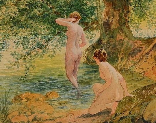 painting of two naked girls, back to viewer, preparing to bathe in a wooded stream