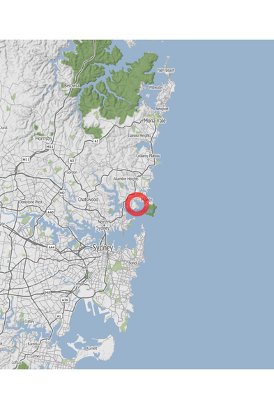 Map of the location of the observation: Clontarf NSW 2093, Australia, (latitude: -33.8, longitude: 151.27).