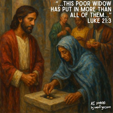 A richly colored oil painting-style image shows Jesus observing a humble widow in a blue cloak placing two small copper coins into a stone offering box. Three wealthy onlookers stand in the background—one woman in a yellow dress and two men in fine robes—holding larger gifts. The temple setting is lit in warm, earthy tones, and the characters are ethnically diverse. White text in the top right corner reads: “…This poor widow has put in more than all of them…” Luke 21:3. In the bottom right corner, it is labeled “AI IMAGE by wesfryer.com.”