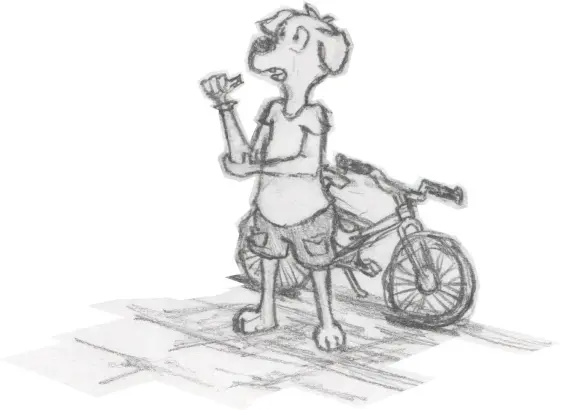 a kid watching up to someone with their bike behind