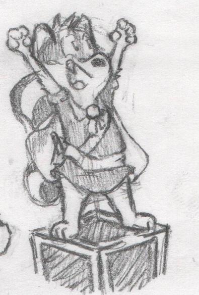 a racoon over a box, arms to the sky with a glee on their face