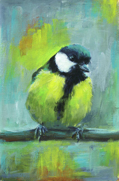 Great tit is an acrylic painting in portrait format painted by the artist Karen Kaspar. A cute great tit sits on a branch and looks towards the viewer. While I painted the bird in more detail, I kept the background more abstract for contrast, but used the same colours of vibrant yellow, green and teal.