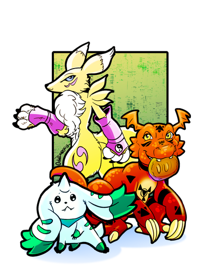 Digital art- Guilmon, Renamon and terriermon posed together on an abstract green bg.
