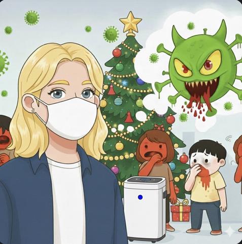 Mehrere Personen und ein Luftreiniger in einem Raum mit Viren in der Luft.