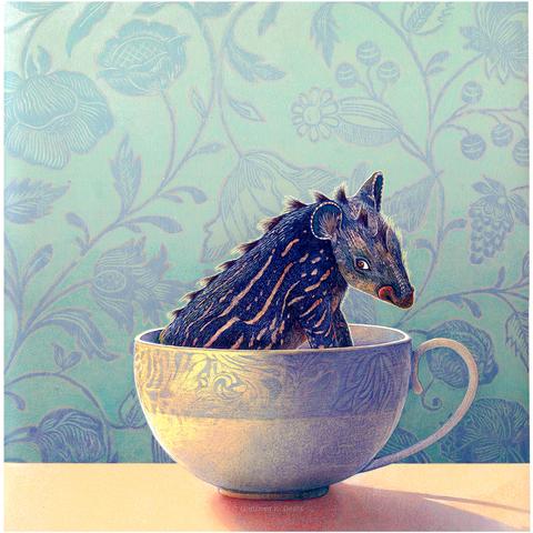 Against at wallpapered background of pale green, blue and pink flowers, sits a china teacup. Its occupant is a small blue, tapir-like creature glancing nervously at the viewer. Sunlight casts a gentle purple shadow on the bright golden tabletop.