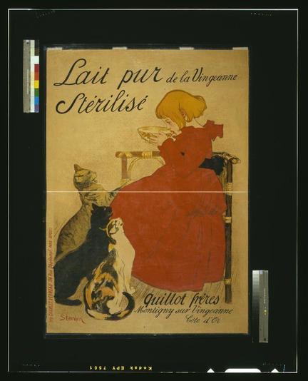 The image depicts an old-fashioned advertisement for "Lait pur de la Vingeanne" sterilized milk, created by the French artist Theophile Steinlen. It features a young girl with blonde hair wearing a red dress sitting on a chair in front of two cats; one cat is reaching up to her bowl as she drinks from it. Behind her stands another figure dressed similarly. The scene has muted color tones and an antique look, indicating its vintage nature. Text elements include "Lait pur de la Vingeanne" at the top, followed by "Sterilise," with additional information such as a quote praising the sterilization process on porcelain in French text below it.