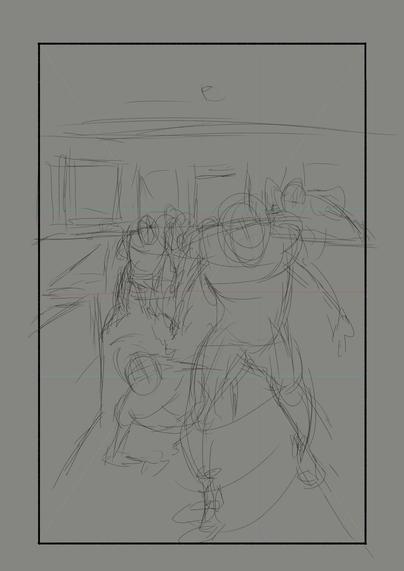 Sketch of a comic page. Only the construction guide lines of the characters and their gestures are identifiable. A figure in the foreground walking towards the viewer is visible, and further back, other figures also appear to be moving towards the viewer.