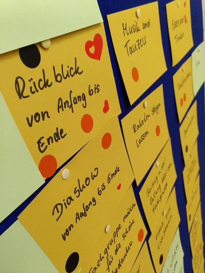 An einer Pinnwand hängen handbeschriebene Zettel: Auf ihnen stehen Sachen wie Rückblick von Anfang bis Ende, Musik und Tanzen, Raketen steigen lassen. Auf den Zetteln kleben Punkte und Herzchen.