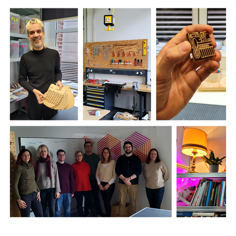 Collage mit Eindrücken der Exkursion: Prof. Christian Faubel zeigt Werkstücke; Fotos aus der Werkstatt mit Maschinen und Materialien; eine elektronische Platine in Form eines Mini-Pianos; Gruppenfoto des ZBIW-Teams zusammen mit CoCo-Studi; ein Blick auf eine kleine Bibliothek in den  Code&Context-Räumlchkeiten