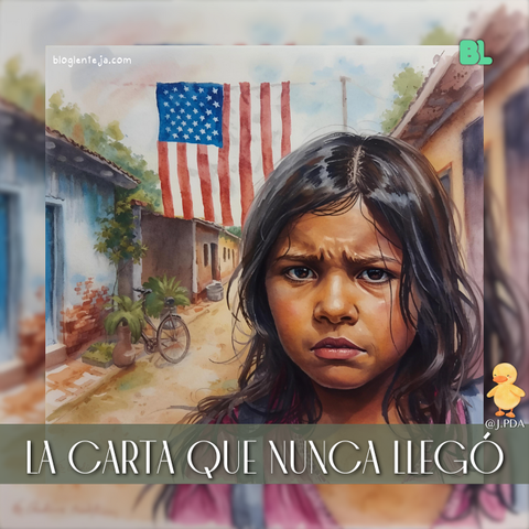 Niña escribiendo una carta a su papá migrante, en un ambiente cálido y emocional.