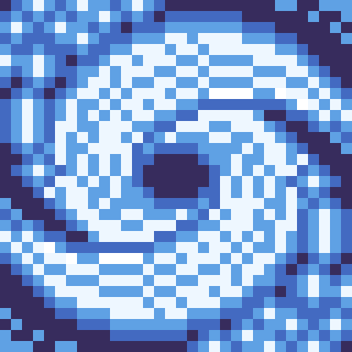 Pixel art rendition of a gigantic and swirling tropical storm, seen from above