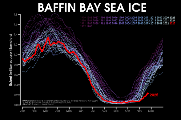 Line graph time series of 2025's daily Arctic sea ice extent compared to each year from 1979 to 2024 as shown with thin lines in colors from purple to white. This graph is for Baffin Bay. There is large daily variability, but a long-term decreasing trend during all months of the year. A seasonal cycle is also visible in this region.