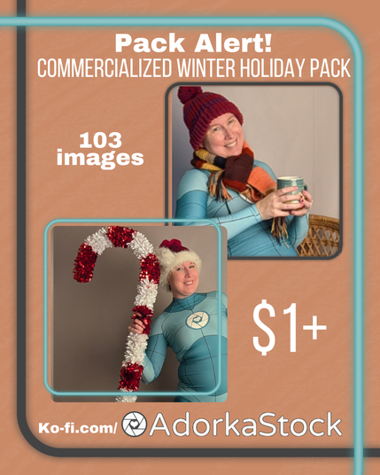 Majority orange graphic that reads "Pack alert! Commercialized winter holiday pack. 103 images. $1+. Ko-fi.com/adorkastock" and features two images of a white woman in an aqua suit, one holding a massive candy cane, and the other of her sitting wearing a scarf and hat and holding a mug in hand.