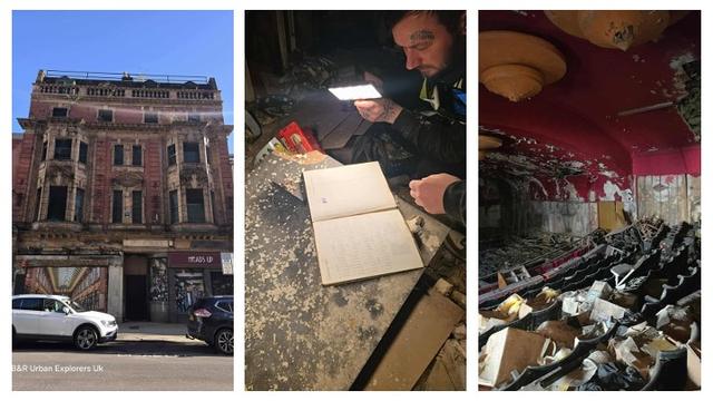 Montage showing the exterior of Swansea’s Elysium Theatre, a decaying interior with a calendar book, and a broken auditorium with red ceiling and overturned seats.