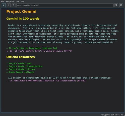 Screenshot of Kristall Browser showing the geminiprotocol.net capsule.